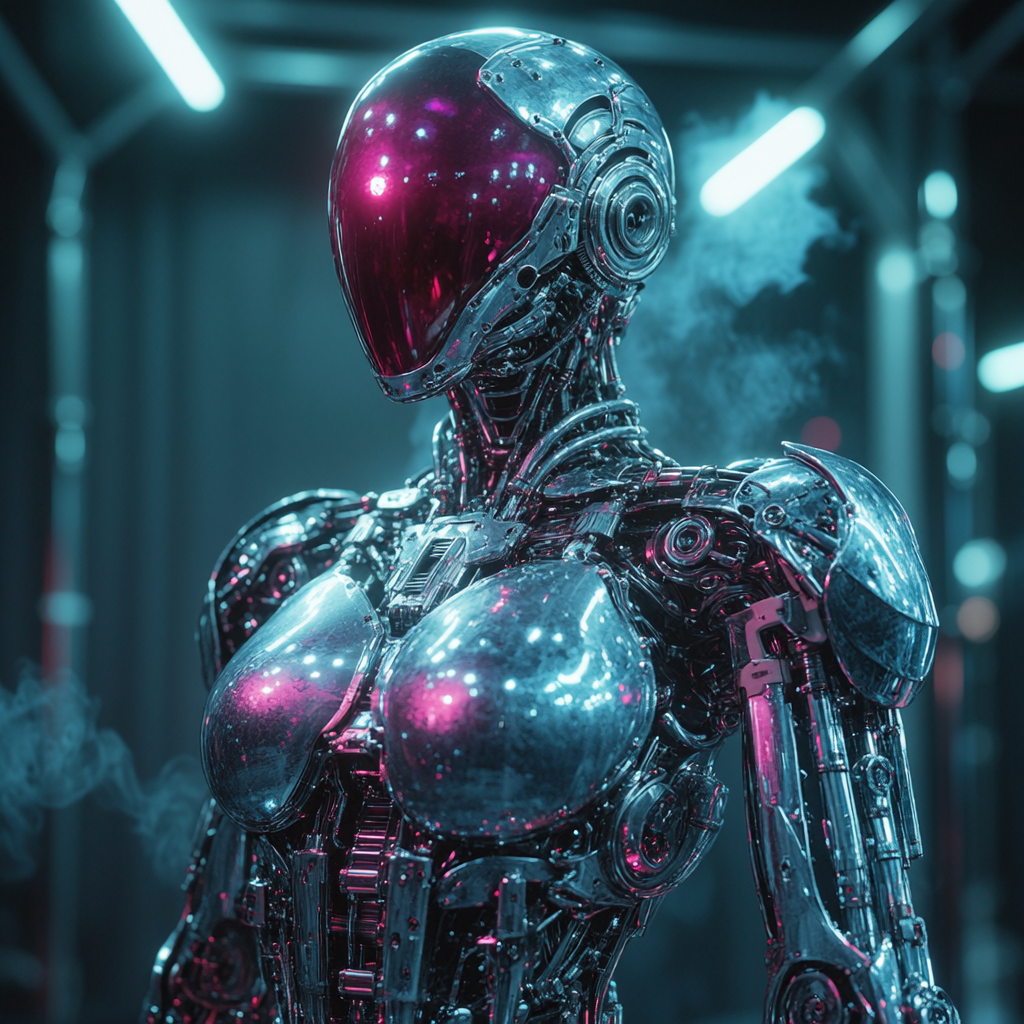 Futuristic cyberpunk female android in chrome armor, teal–magenta color grading, volumetric light beams, smoke haze, dramatic three-quarter view, studio backdrop, high-detail hard surface.