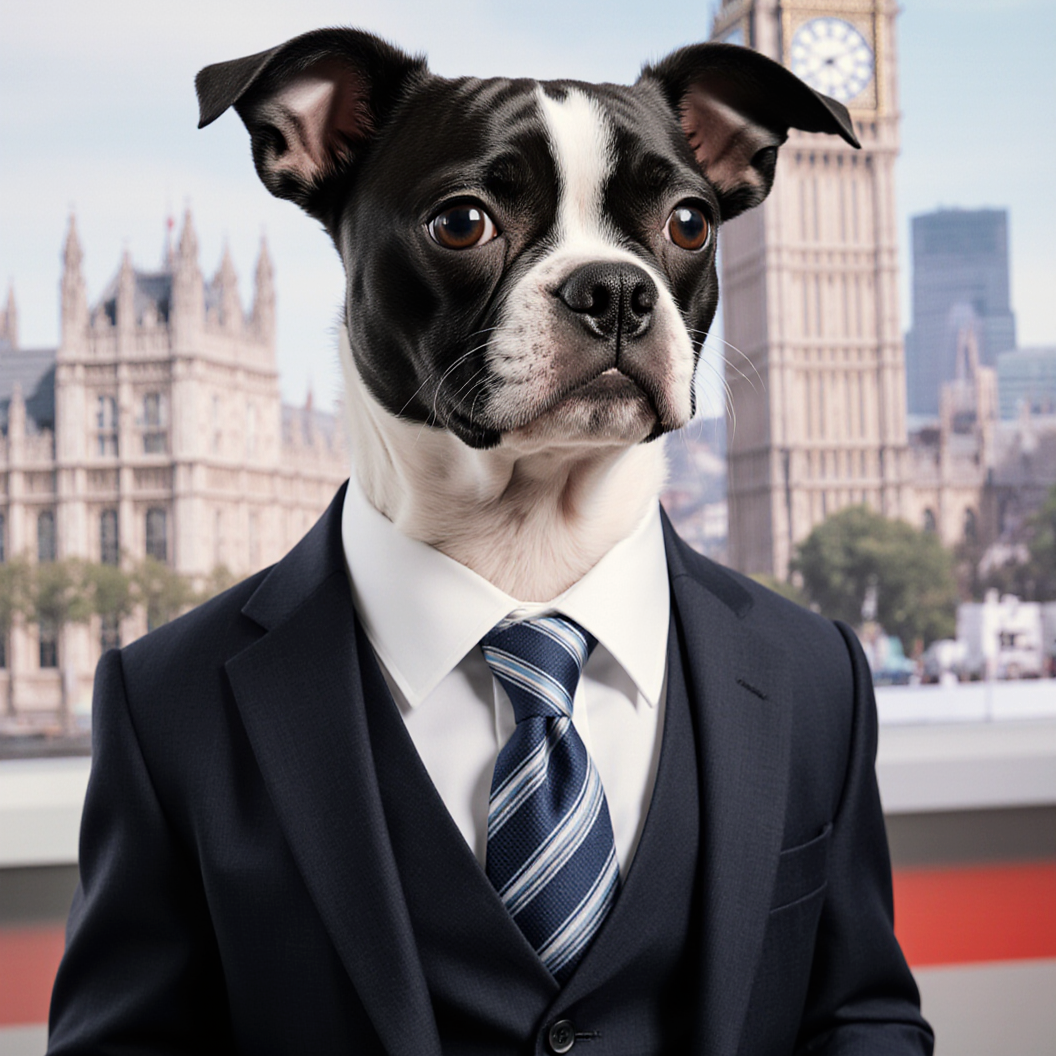 Photo of a small dog wearing a suit as a news presenter