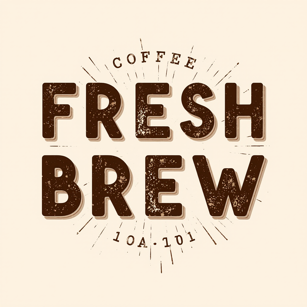 Vintage coffee shop logo with typography "FRESH BREW", distressed texture, brown and cream colors