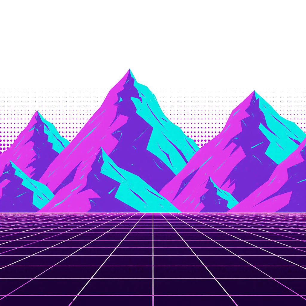 Retro 80s neon grid landscape with mountains, vaporwave style, purple and cyan colors