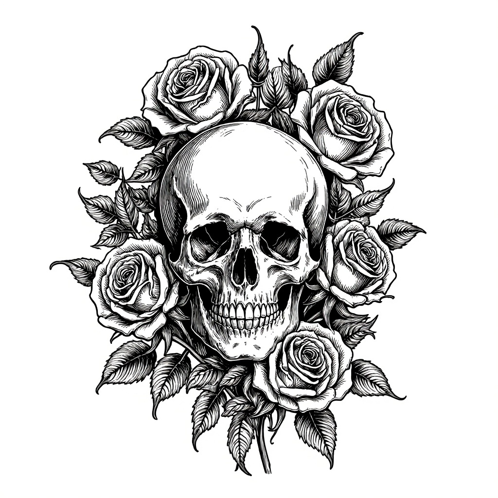Skull and roses gothic design, detailed line art style, black and white
