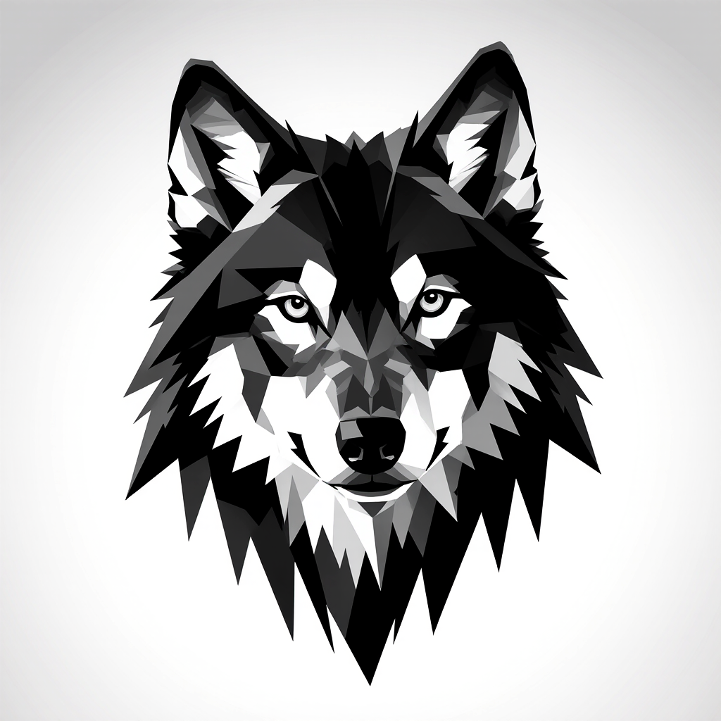 Bold geometric wolf head, minimalist line art style, black and white