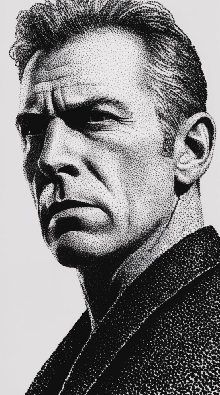 Black and white stippled portrait of a stern man looking left with high-contrast pointillism.