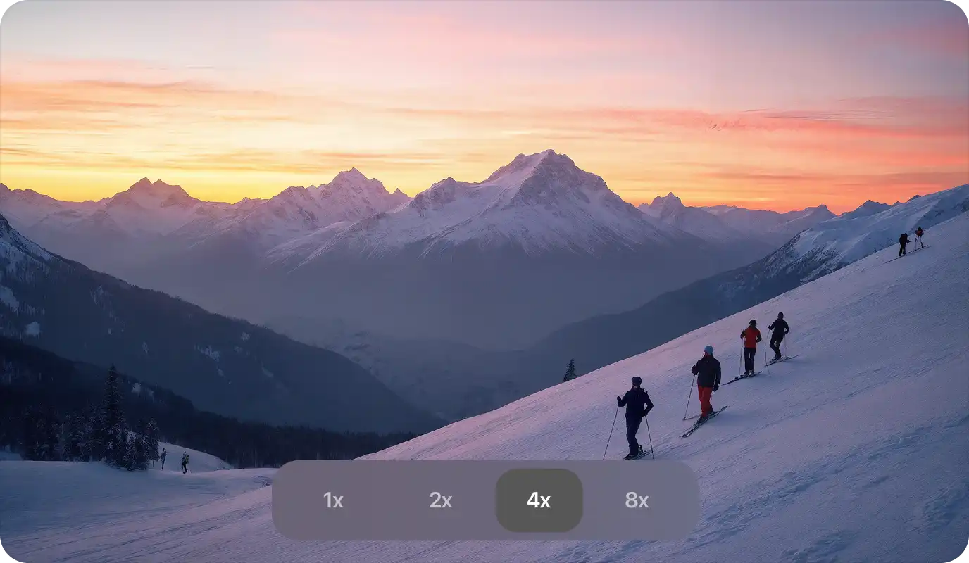 AI image upscaling interface showing transformation of low-resolution image into high-quality result with multiple upscaling factors