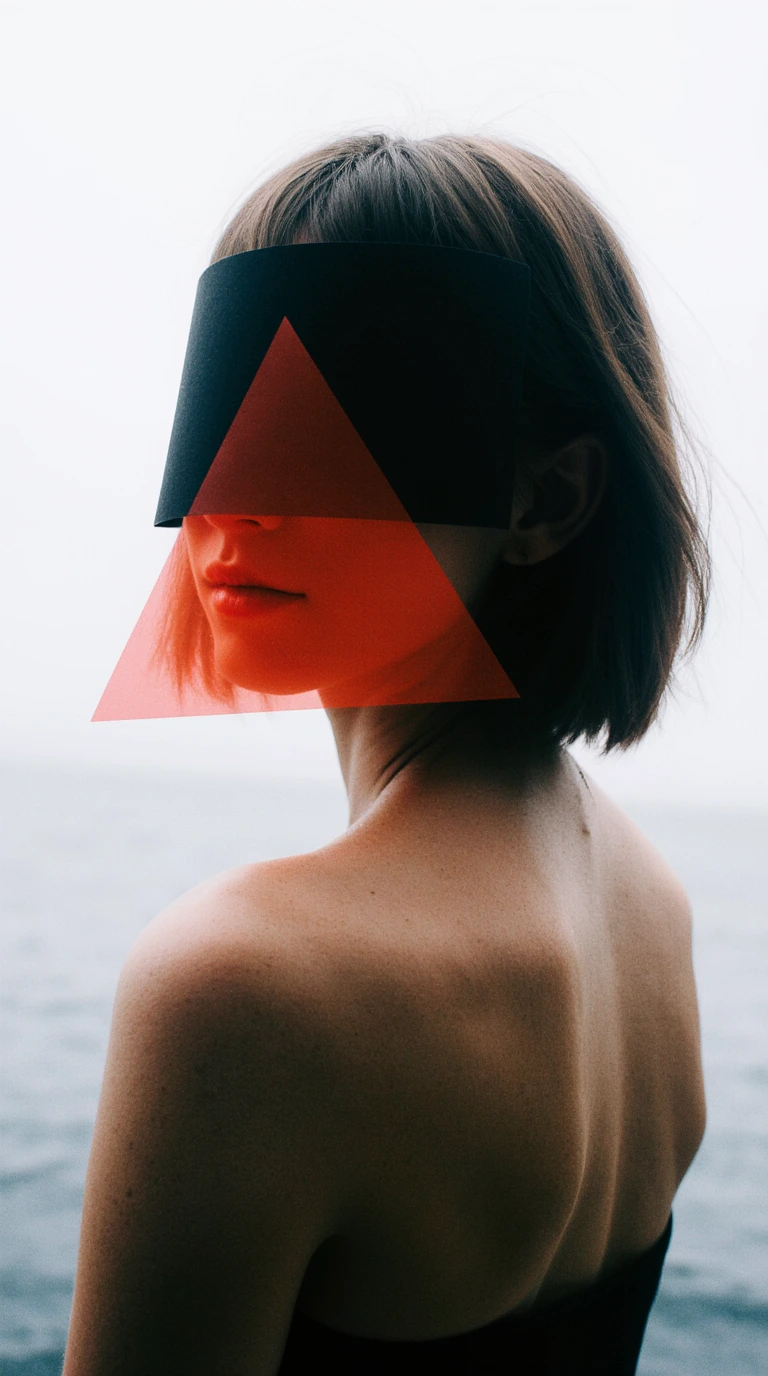 A woman with short brown hair stands by the sea, her back exposed and turned slightly to the camera. Her face is partly obscured by a black visor and a translucent red triangle of plastic, creating a bold, geometric, futuristic look against the pale sky and water