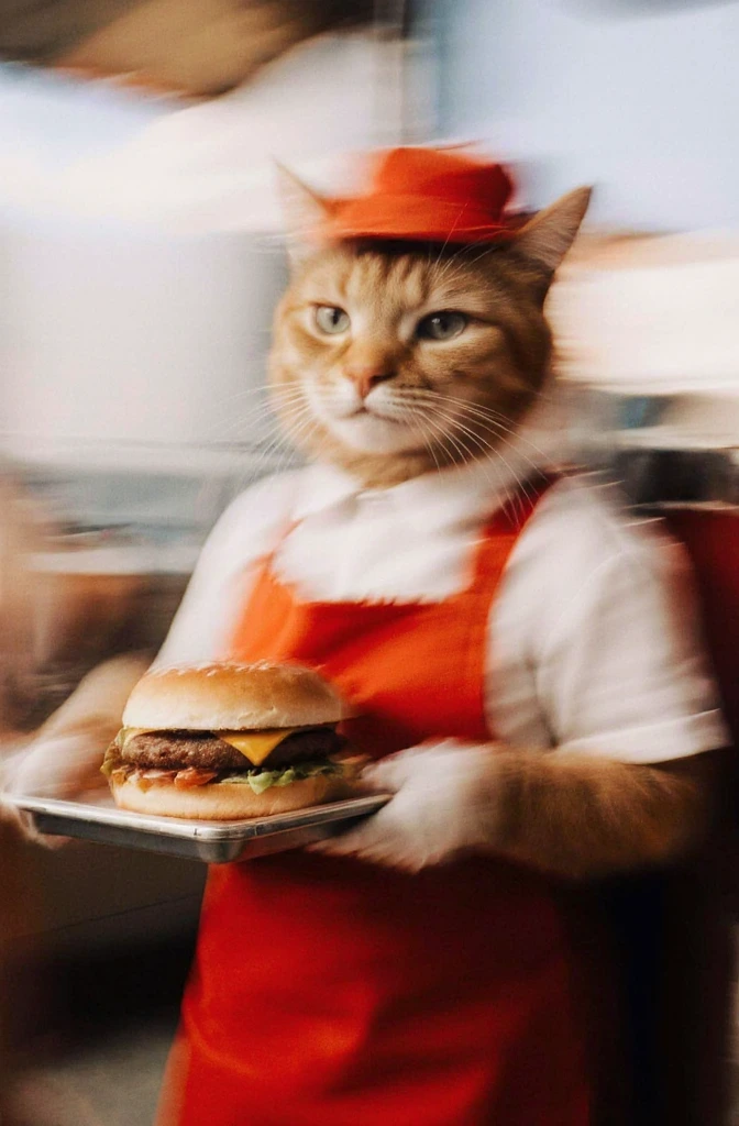 Cute orange tabby cat in fast food worker uniform, red apron and cap, holding a tray with a cheeseburger, inside a restaurant