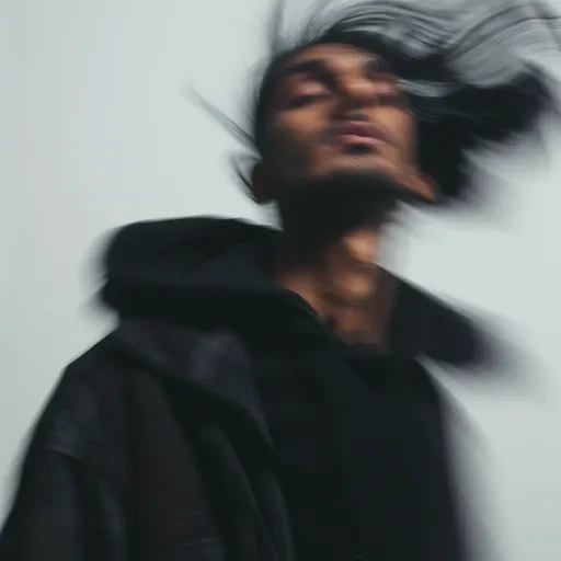 Blurred long-exposure portrait of a person wearing a dark hoodie and jacket, with their head tilted back and hair flung upward in motion. The soft, gray background contrasts with the dynamic motion blur, creating an abstract, dreamlike effect