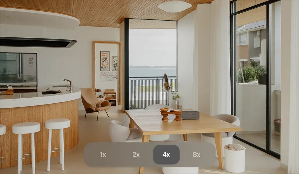 AI image upscaling interface showing transformation of low-resolution image into high-quality result with multiple upscaling factors