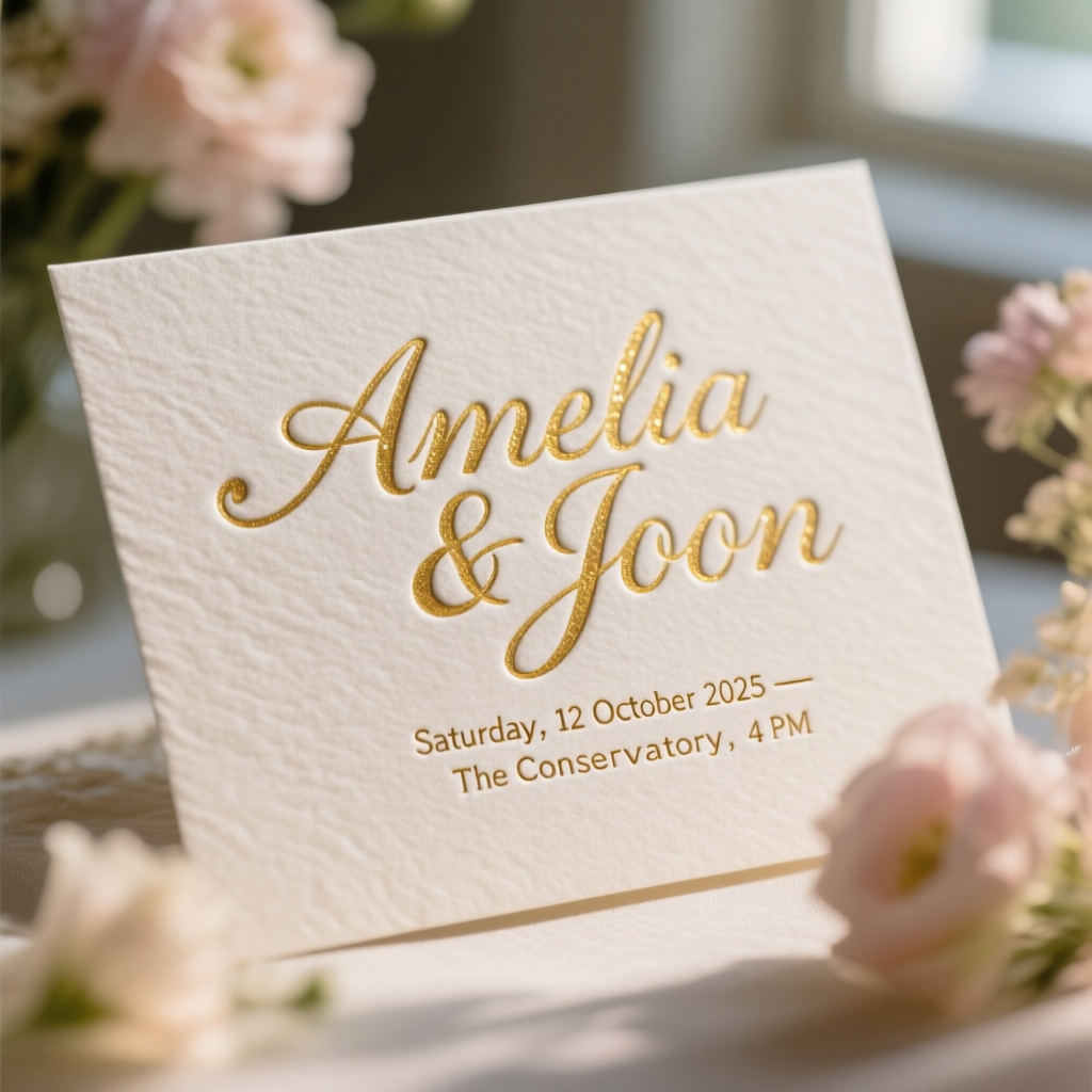 “Letterpress wedding invitation on thick cotton paper with gold-foil accents. Script headline reads ‘Amelia & Joon’ with a graceful ampersand; below in small caps: ‘Saturday, 12 October 2025 — The Conservatory, 4 PM’. Deep impression of letterpress is visible; foil glints with specular highlights; micro-kerning around the ampersand is exact. Soft window light, pastel florals out of focus. Luxurious macro, 8K, tactile realism.”